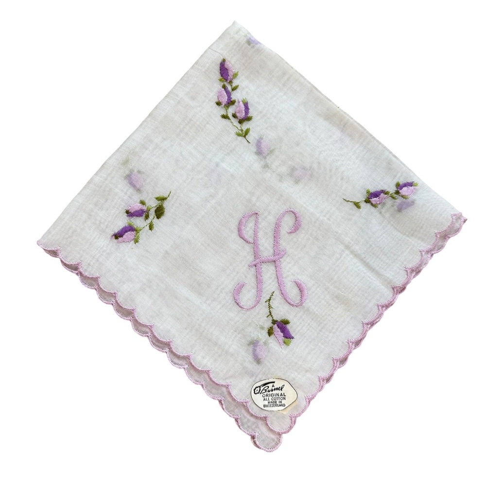 Burmel Vintage Swiss Cotton Handkerchief Monogram H Floral Scalloped Pink Purple